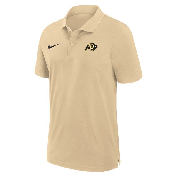 This is a gold polo with two buttons. On the left chest, there's a black and gold C. U. Buffalo logo. On the right chest there is a black Nike swoosh logo.